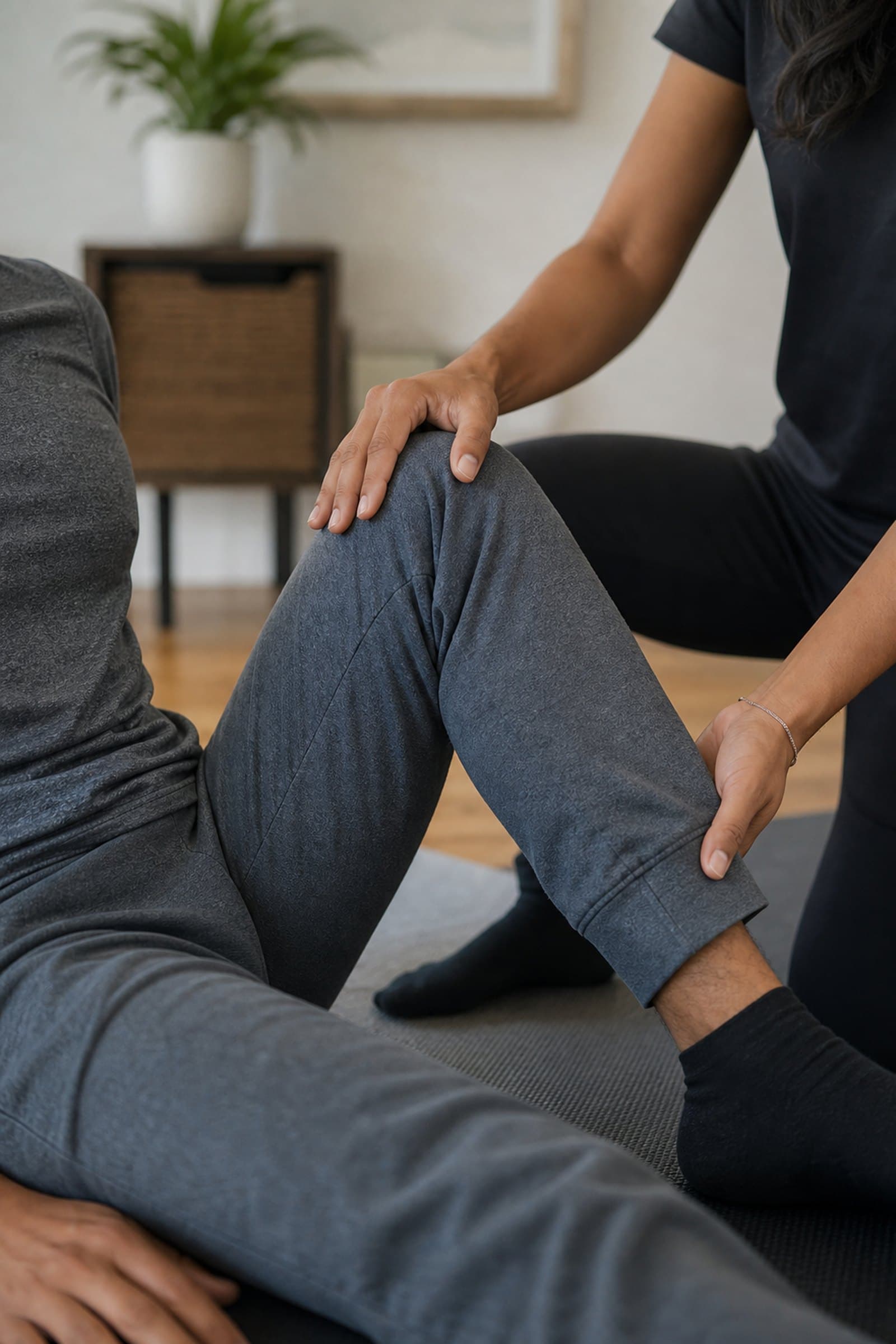 A therapist guiding a patient through a mobility movement